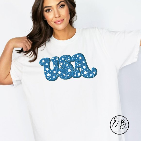 NEW Trendy Retro USA Stars Patriotic American 4th of July Graphic Tee Shirt - Picture 1 of 5